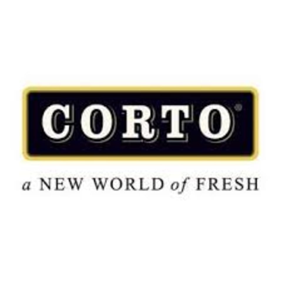 Corto logo, a black rectangle with a gold border, and white text 'CORTO' and 'a NEW WORLD of FRESH'.