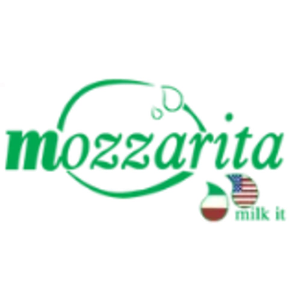 Green "mozzarita" logo with milk drops, an Italian flag drop, and an American flag drop.