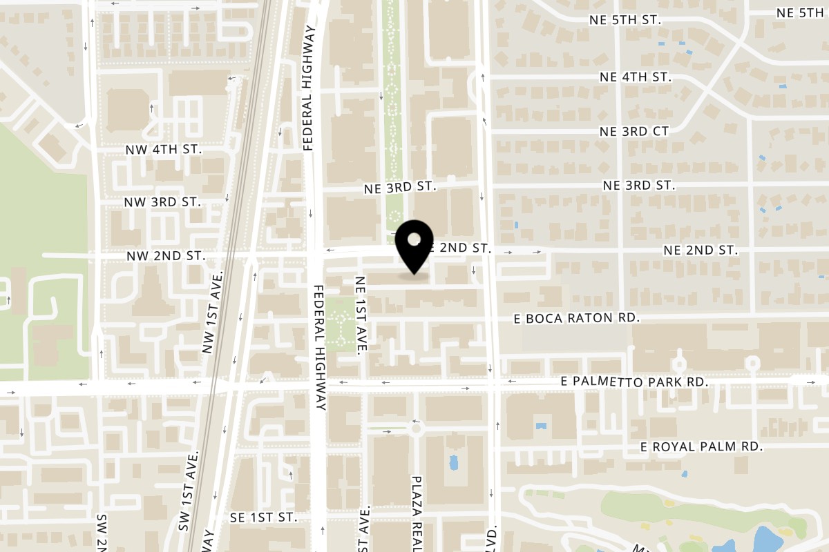 Map showing the location of PZZA& on 126 NE 2nd St in Boca Raton